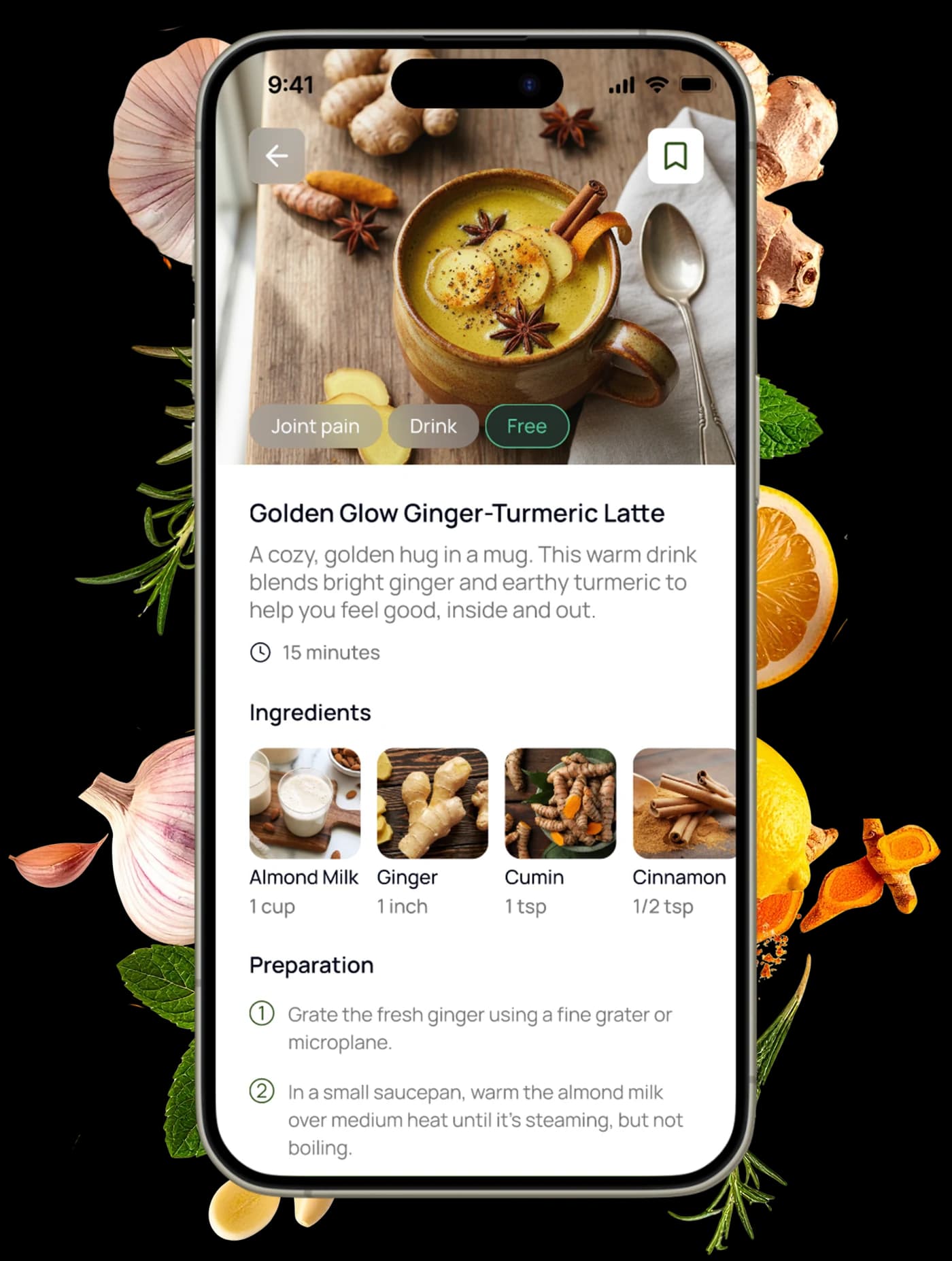 The app showing a ginger-turmeric latte recipe with ingredients and preparation steps