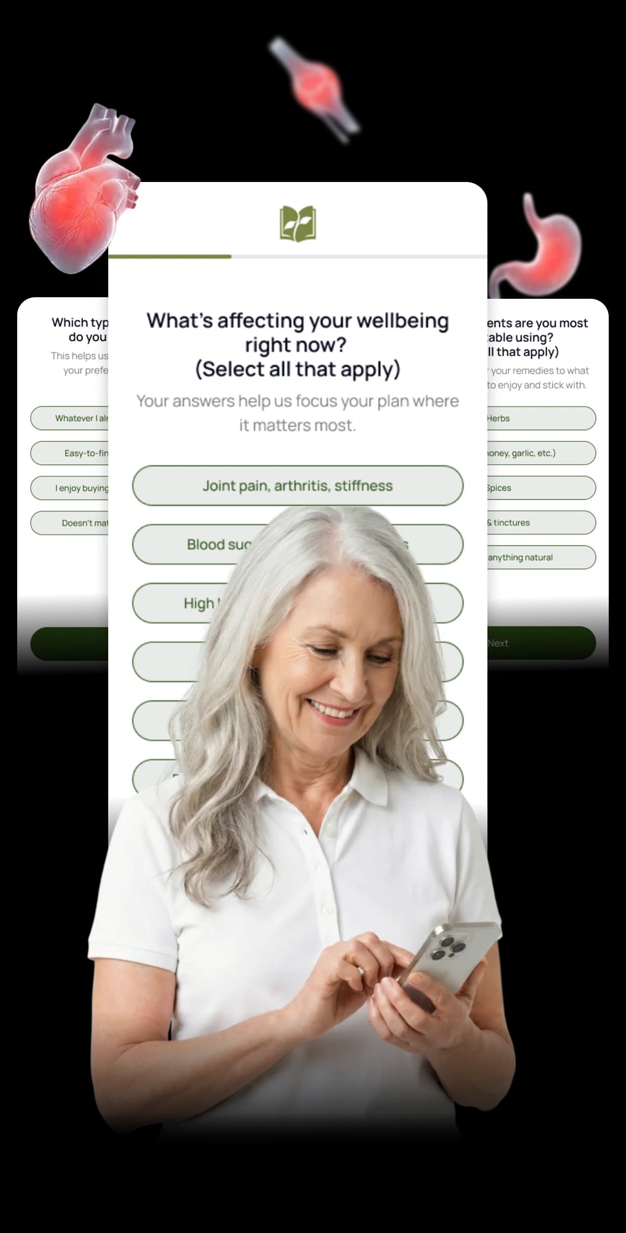 The app asking which health concerns to focus the plan on